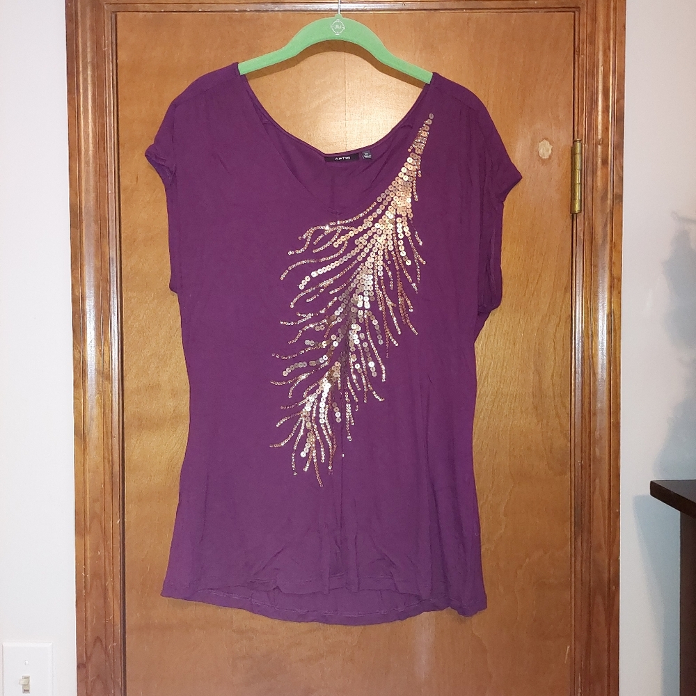 Burgundy Crop Sleeve Tee with Gold Sequin Feather